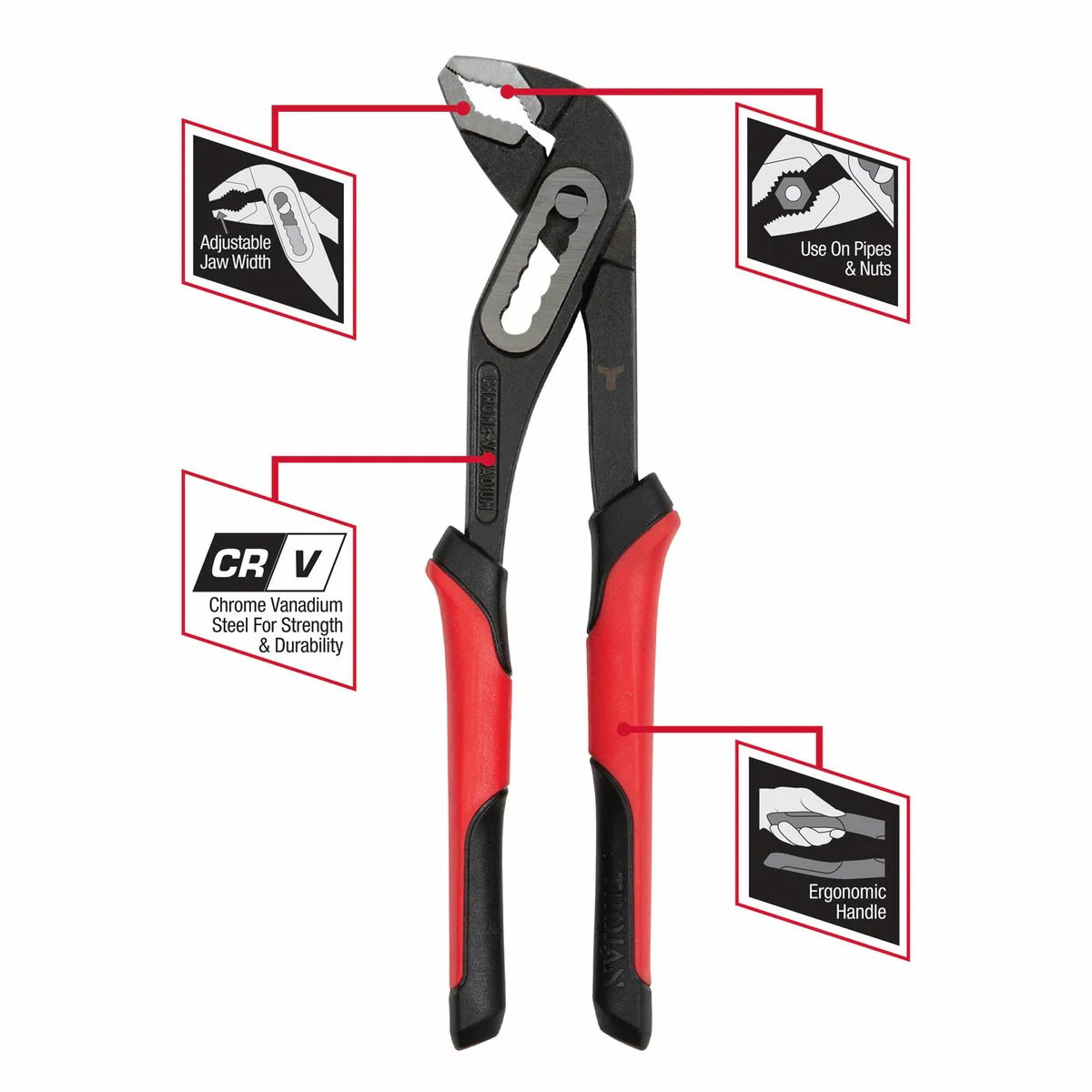 Trojan 250mm Multigrip Plier - Chrome Vanadium Steel - Red and Black - Image 3