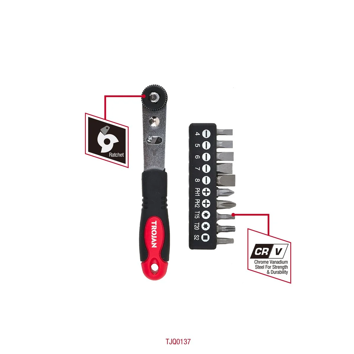Trojan 11 Piece Ratchet Screwdriver Set - 82mm x 30mm x 183mm - Red Black - Image 2
