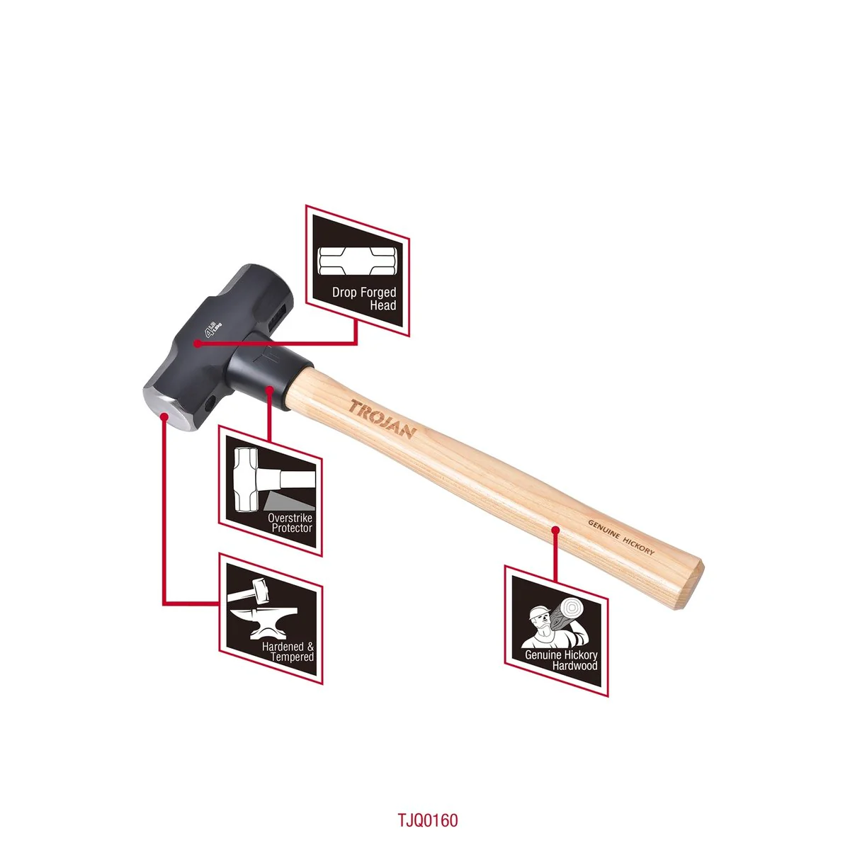 Trojan 4lb Timber Sledge Hammer - 2.25kg - Hickory Handle - Durable Steel - Image 5