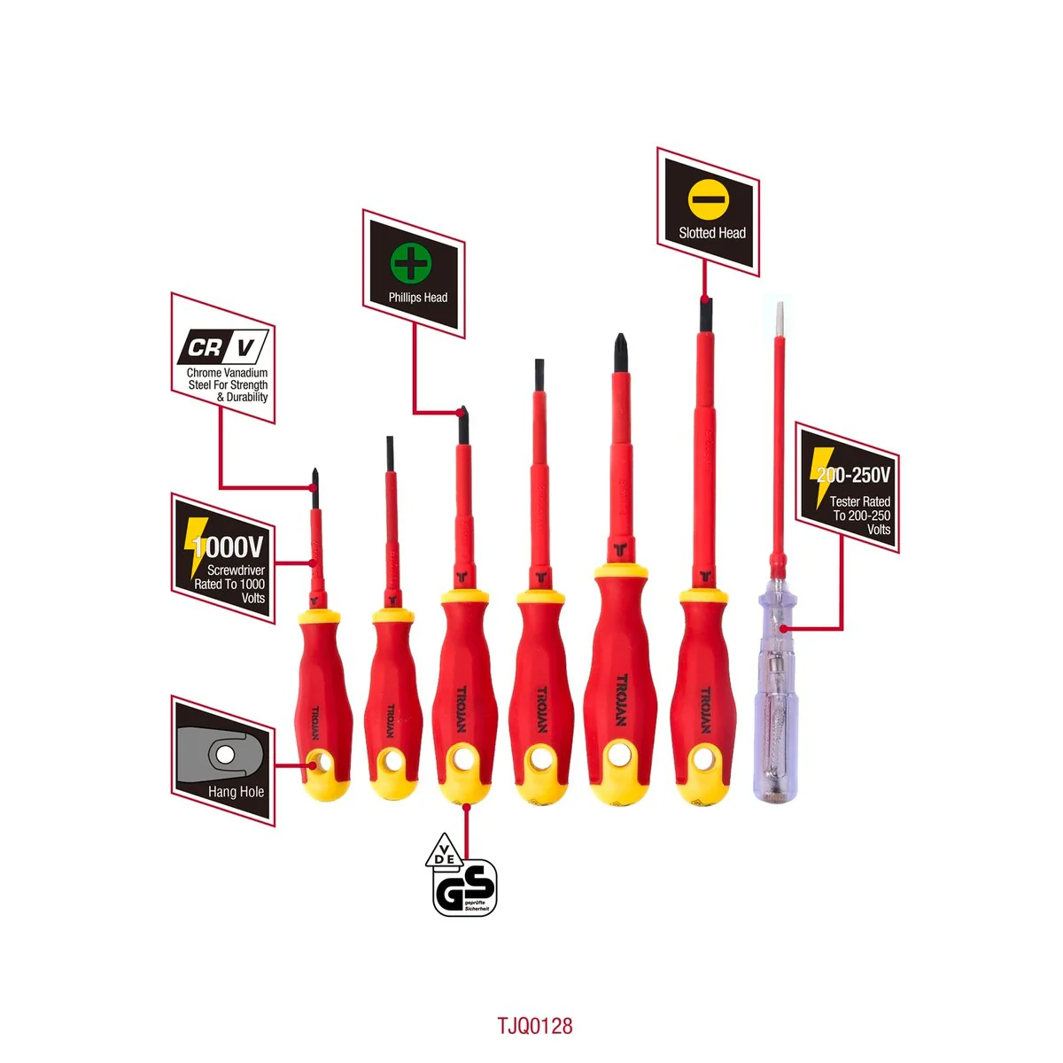 Trojan 7 Piece VDE Screwdriver Set - Insulated Handles - Red and Black - Image 2