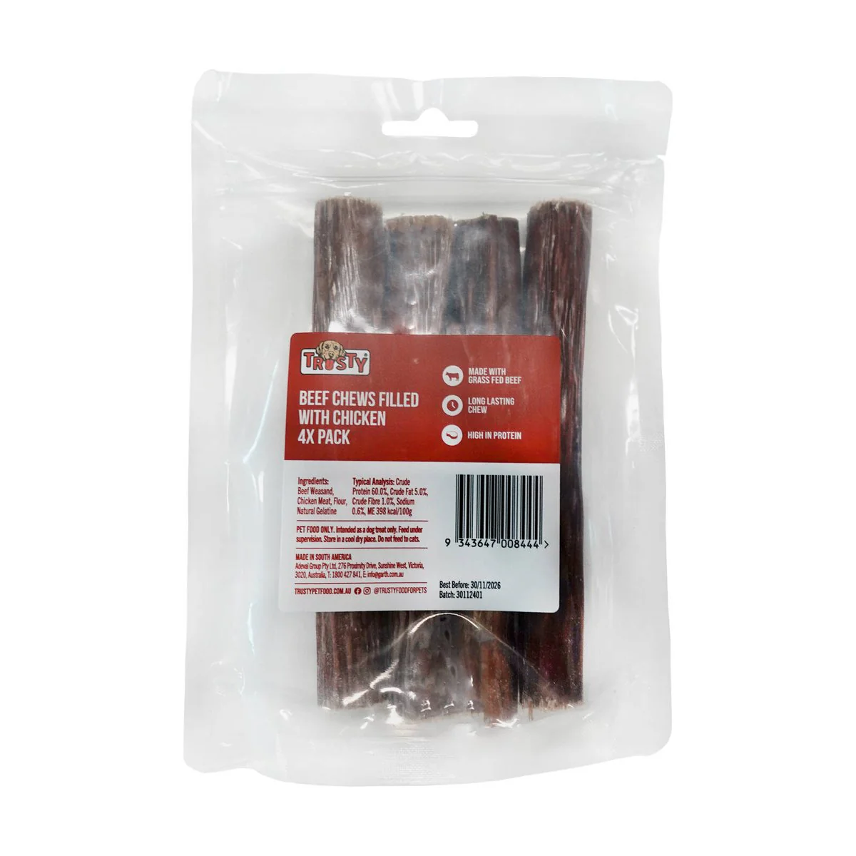 Trusty Beef Chews Filled with Chicken Dog Treats 4 Pack - 50mm x 200mm x 140mm - High Protein - Long Lasting Chew