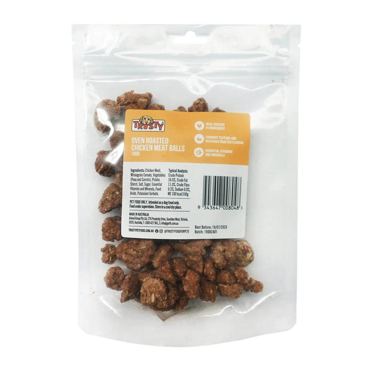 Trusty Oven Roasted Chicken Meat Balls Dog Treats - 100g - High Protein, Low Fat