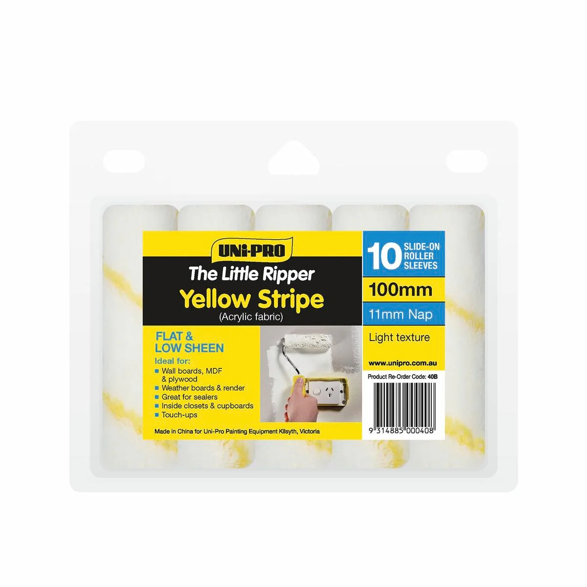 Uni Pro Little Ripper Acrylic Roller Cover Refills 10 Pack - Yellow Stripe - 100mm - 11mm Nap