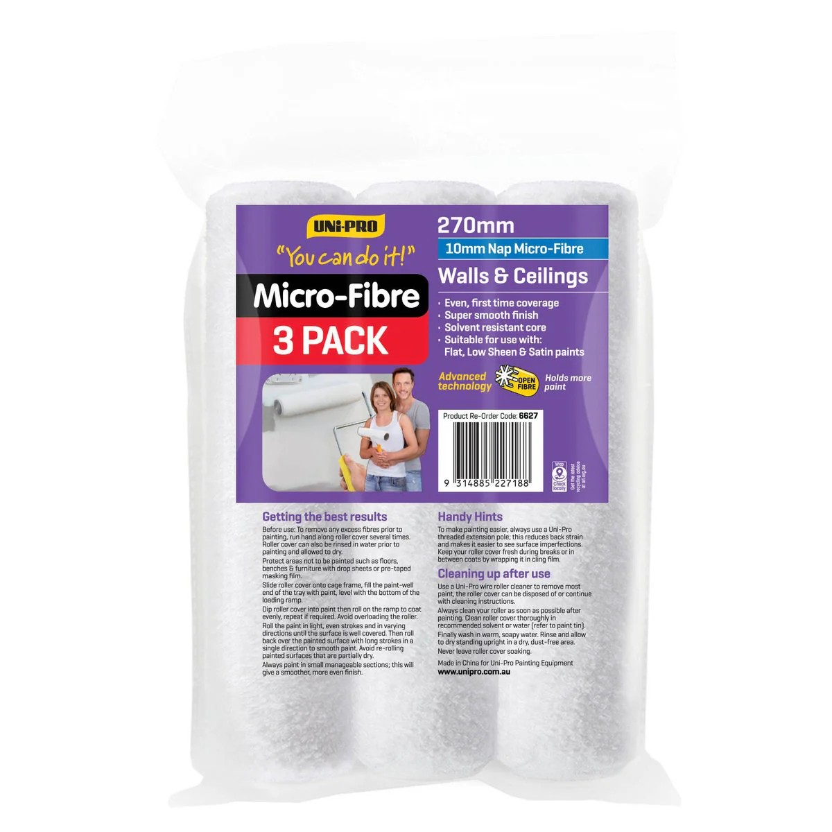 Uni Pro Microfibre Roller Cover 3 Pack - 270mm - 10mm Nap - White