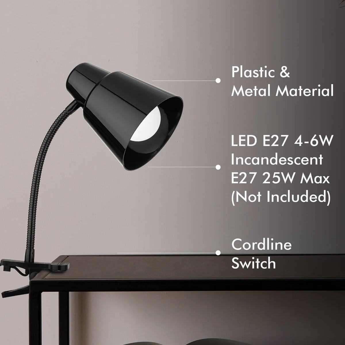 Verve Design Black Brylee Clamp Lamp - Adjustable Gooseneck - 25w - Image 3