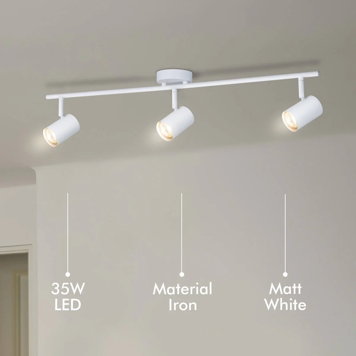 Verve White GU10 Gabriella 3 Head Adjustable Spotlight - 770mm - Indoor Use - Image 3