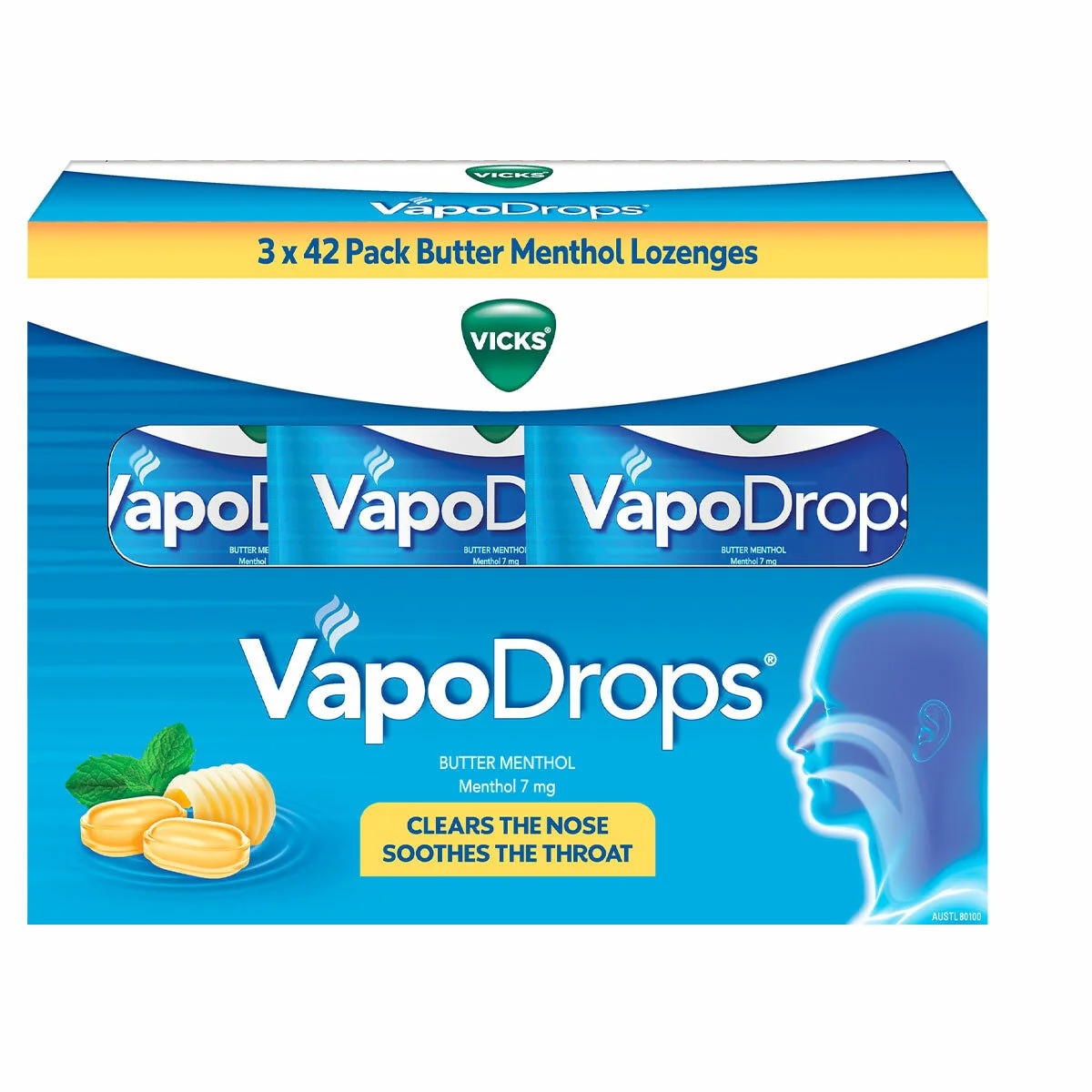 Vicks VapoDrops Butter Menthol Lozenges Soothing 3 x 42 Pack