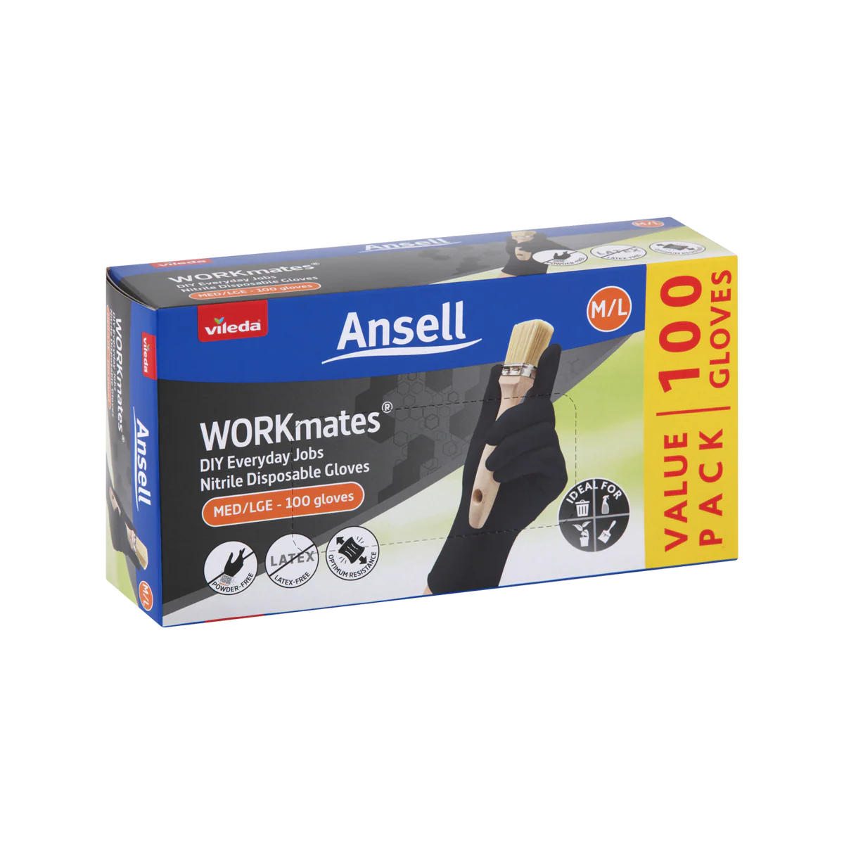Vileda Ansell Nitrile Disposable Gloves 100pk Medium Large - Puncture Resistant