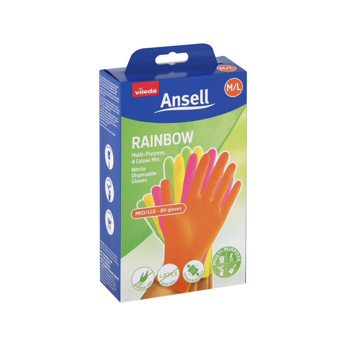 Vileda Ansell Rainbow Nitrile Gloves 80 Pack M/L - 120mm x 200mm - Latex-Free