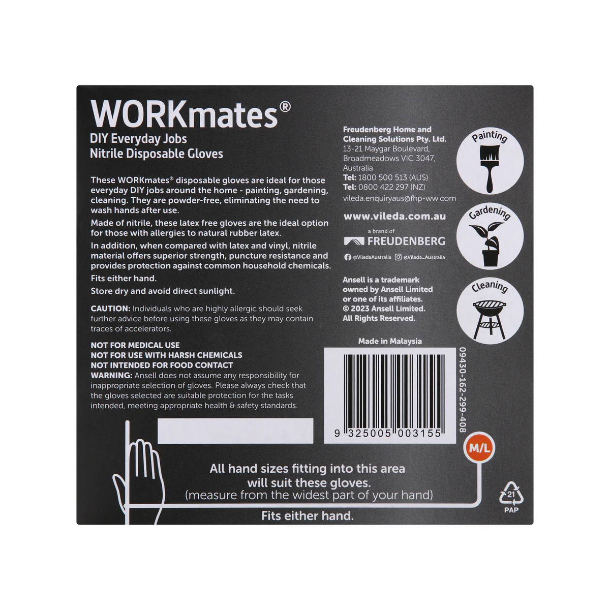 Vileda Ansell Workmates Nitrile Disposable Gloves 36pk M/L - Latex-Free - Powder-Free - Puncture Resistant - Image 3