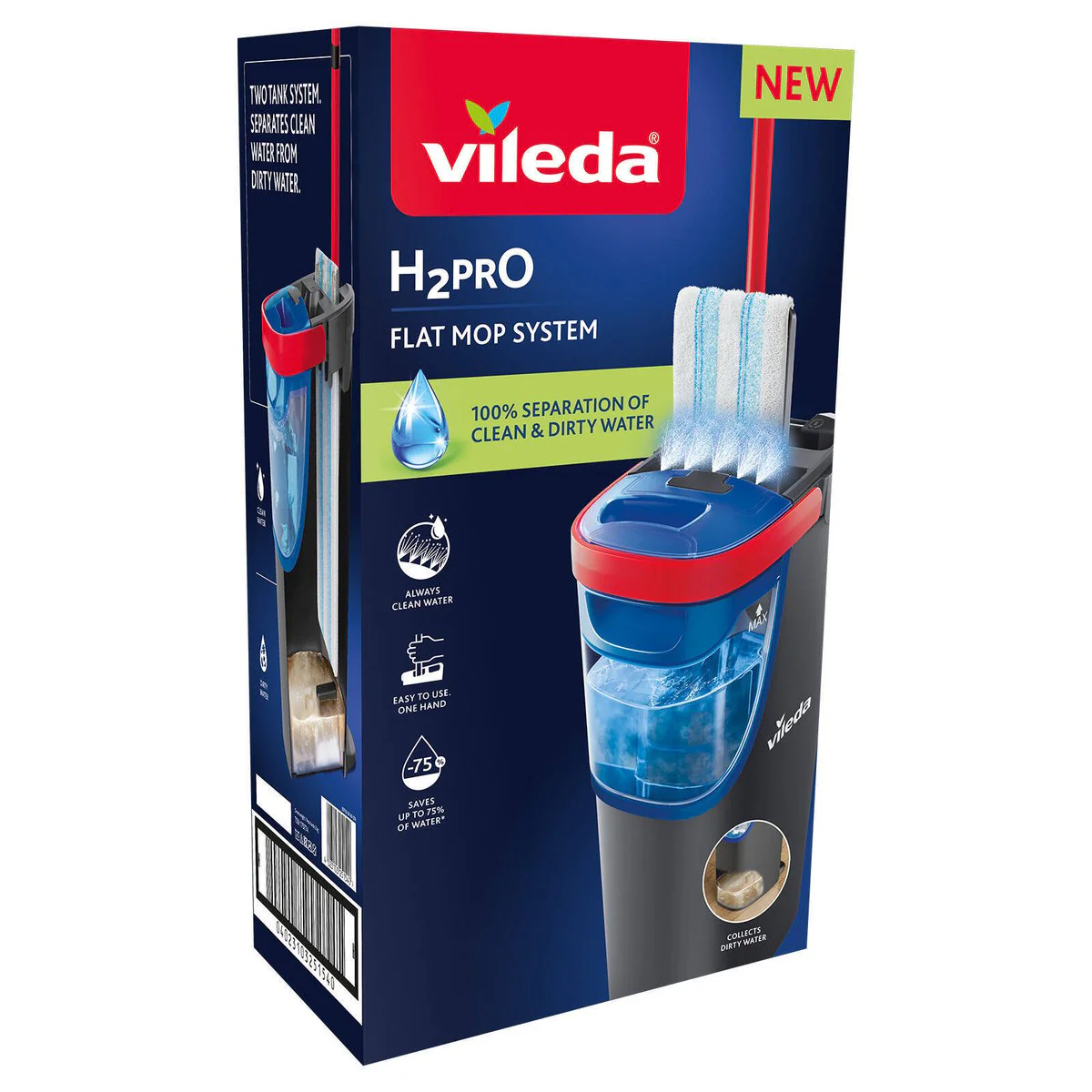 Vileda h2pro Flat Mop - 1.2L - Efficient Water Separation - Streak-Free Clean