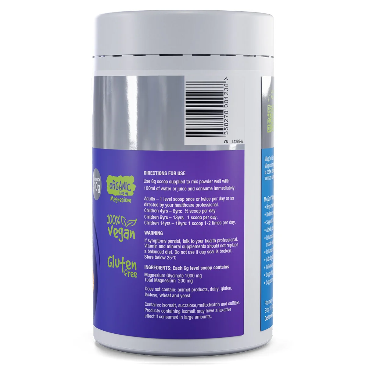 Vitaceuticals MagZorb Magnesium Glycinate 1000mg Powder Capacity 510g Gentle Orange Flavoured - Image 3