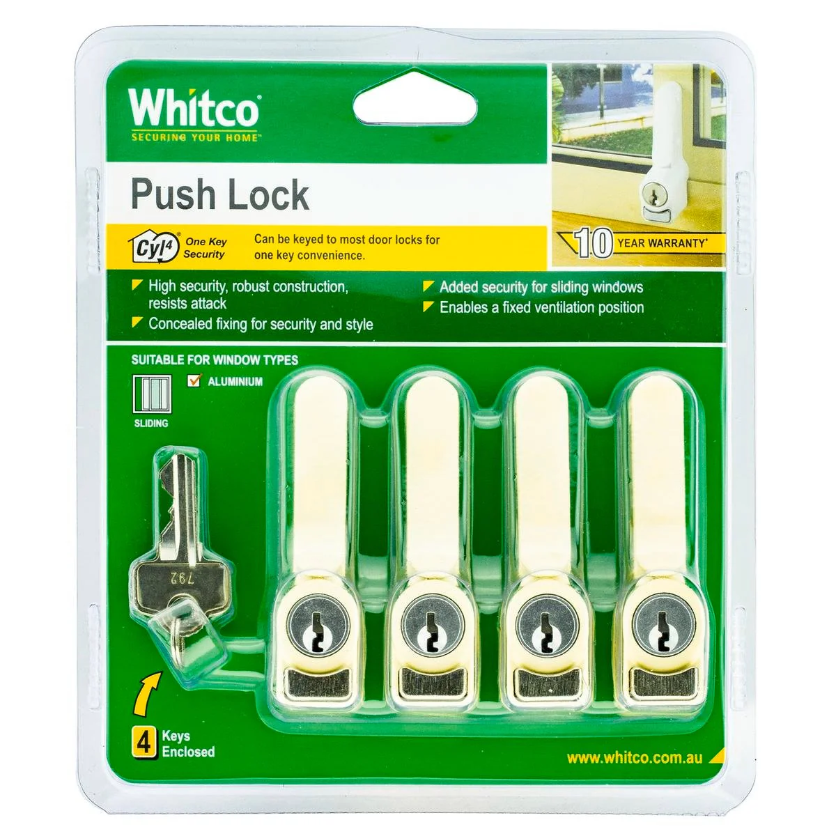 Whitco 4 Pack Sliding Window Push Lock - 13mm x 81mm x 37mm - Primrose - High Security