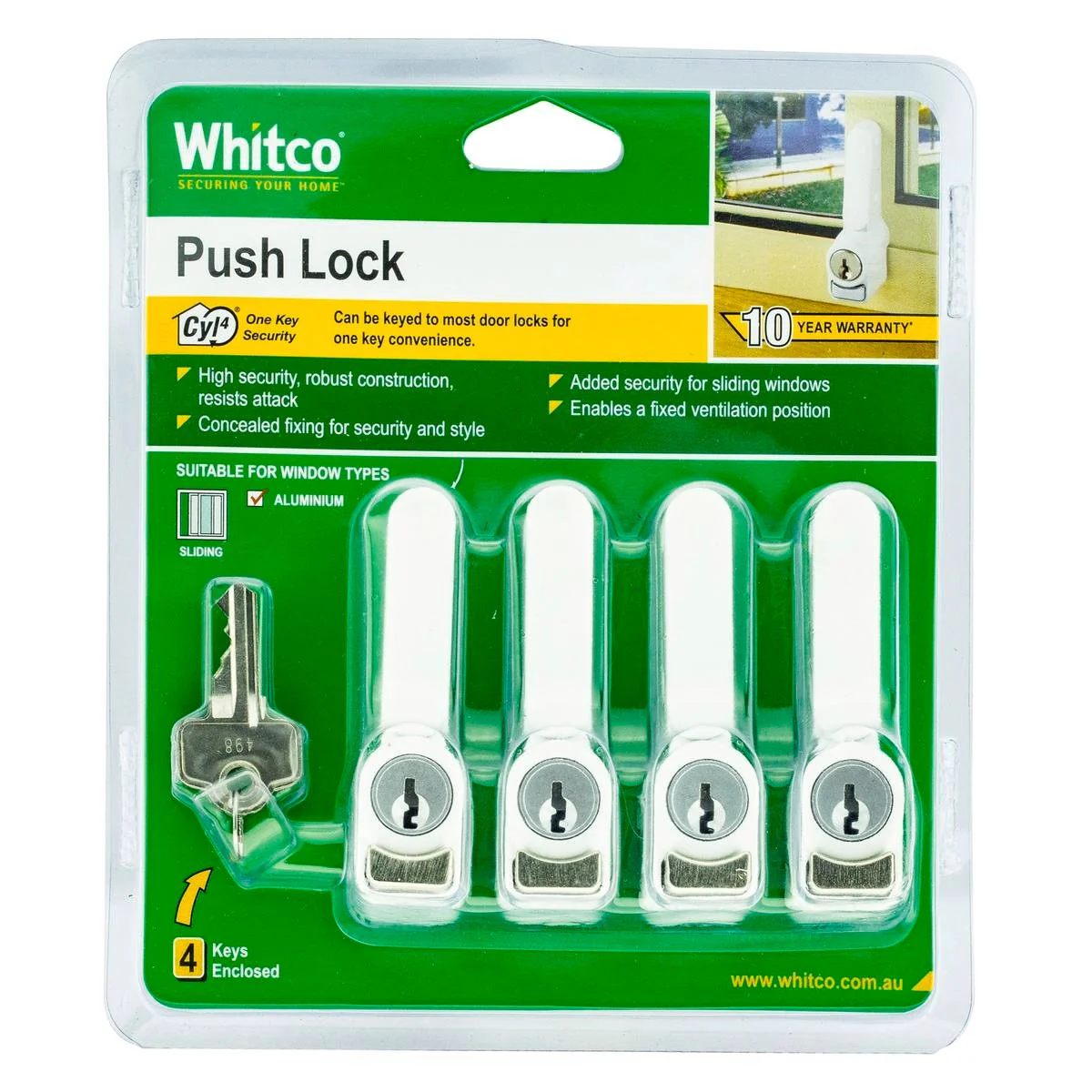 Whitco 4 Pack Sliding Window Push Lock - 13mm x 81mm x 37mm - White - High Security