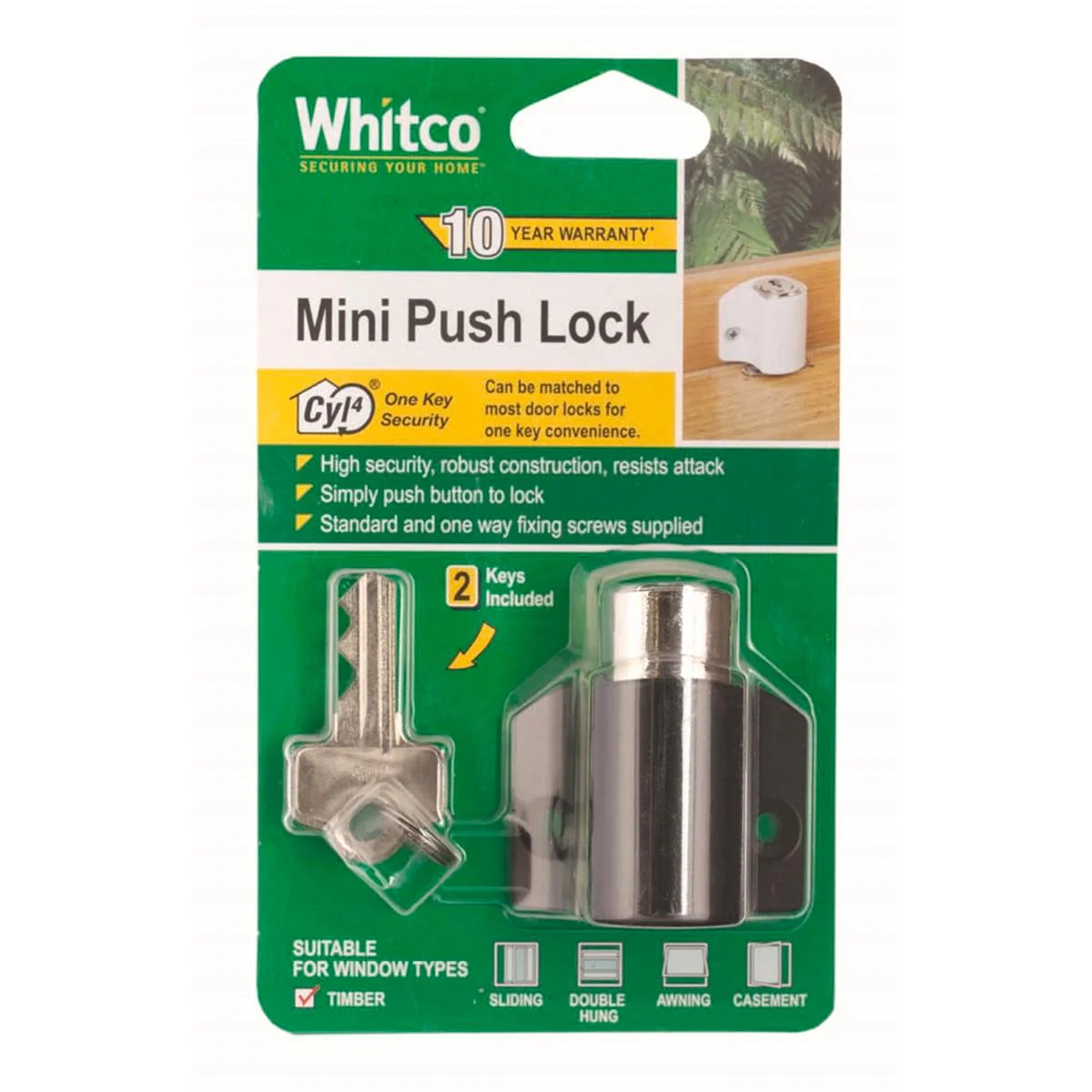 Whitco Black Cyl4 Mini Push Lock - High-Security Window Lock - 1 Pack