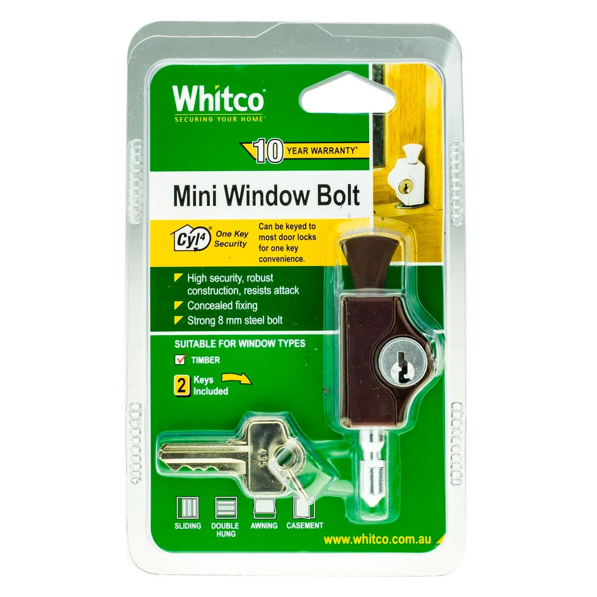 Whitco Mahogany Mini Bolt Lock - High Security Window Lock - CYL4