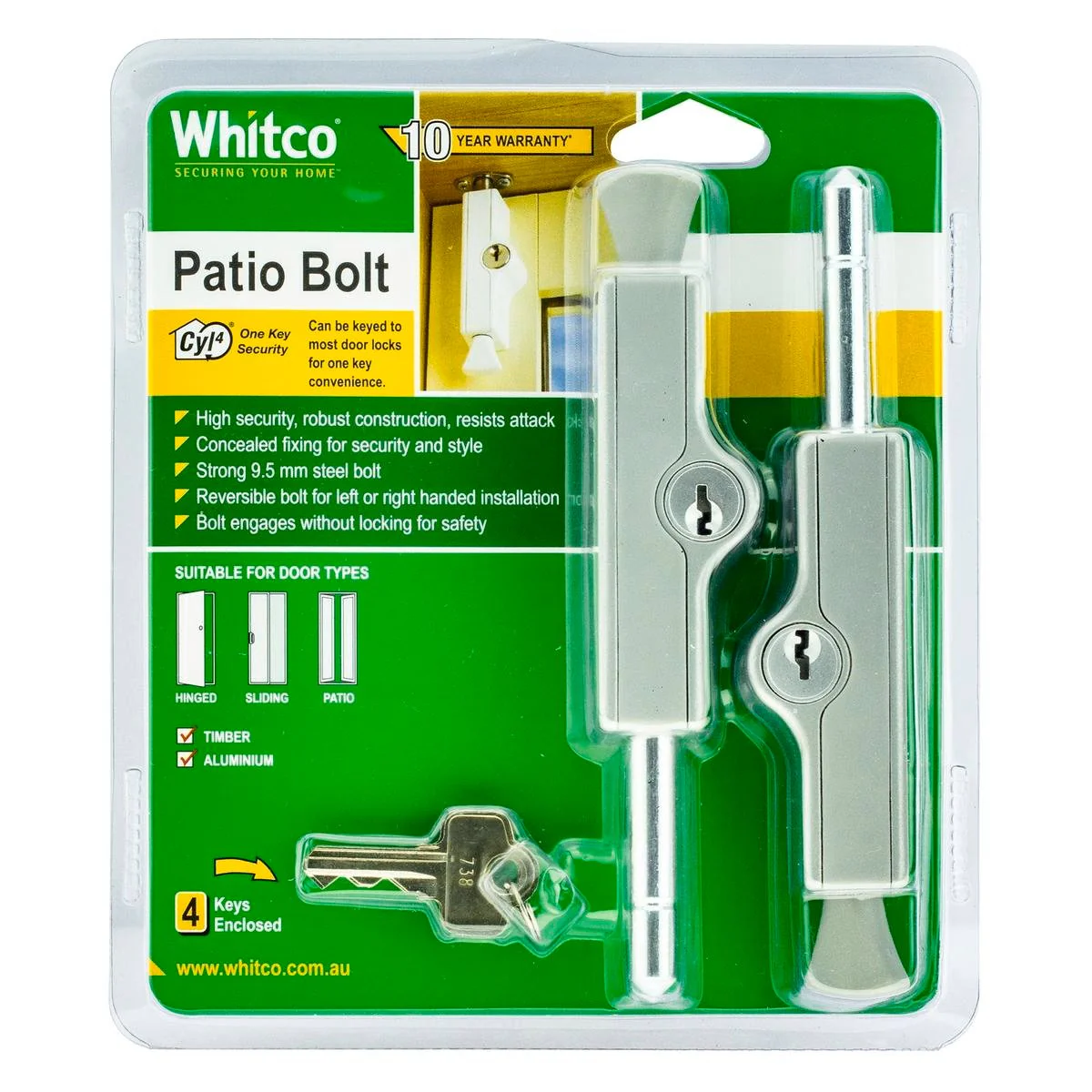 Whitco Patio Bolt - 21mm x 118mm - Solid Zinc Diecast - High Security - 2 Pack