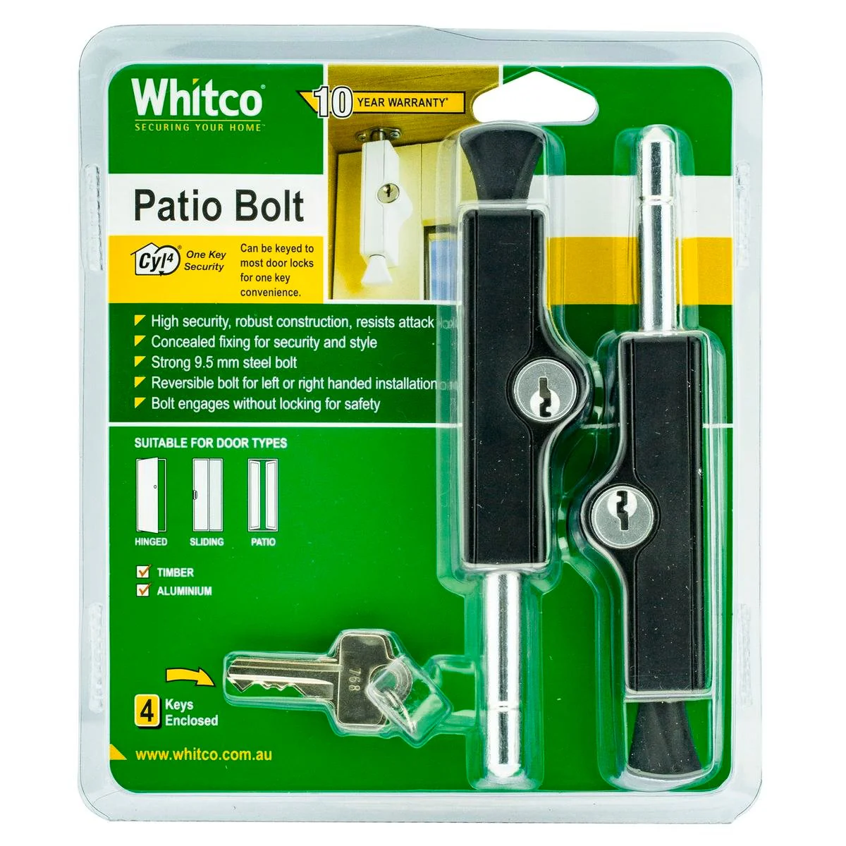 Whitco Patio Bolt - 21mm x 118mm - Solid Zinc - High Security - 2 Pack