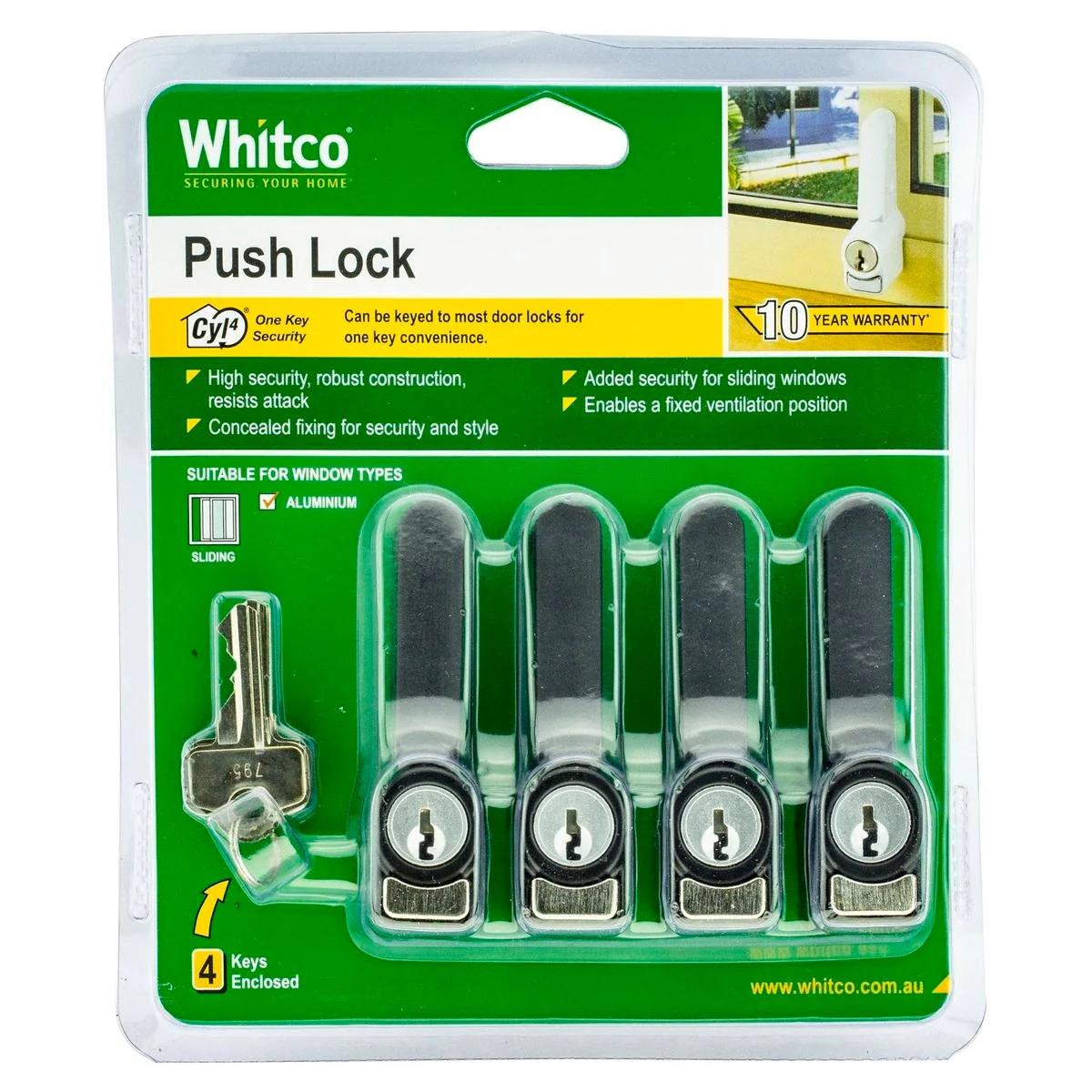 Whitco Sliding Window Push Lock 4 Pack - 13mm x 81mm x 37mm - Black - High Security