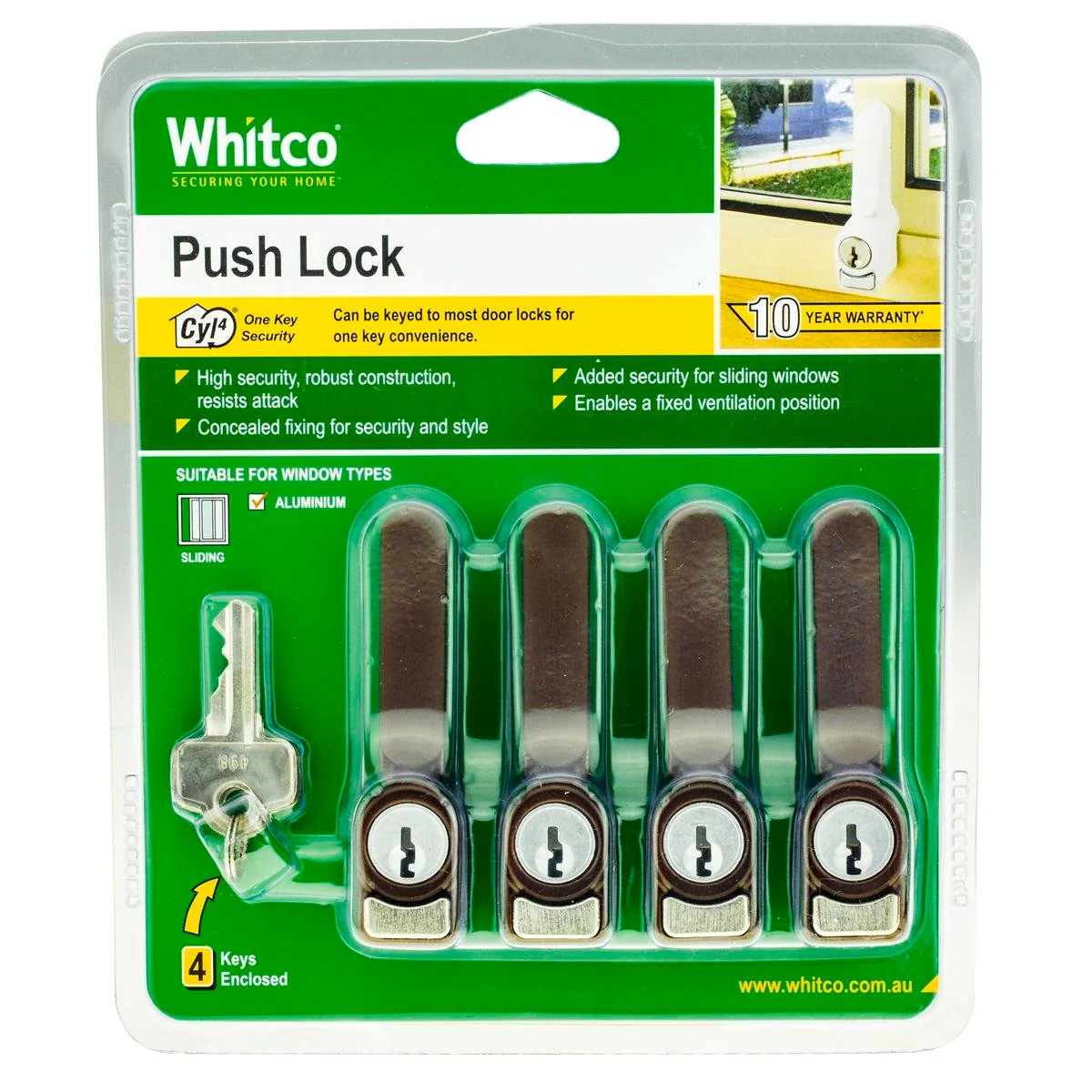 Whitco Sliding Window Push Lock 4 Pack - 13mm x 81mm x 37mm - Mahogany