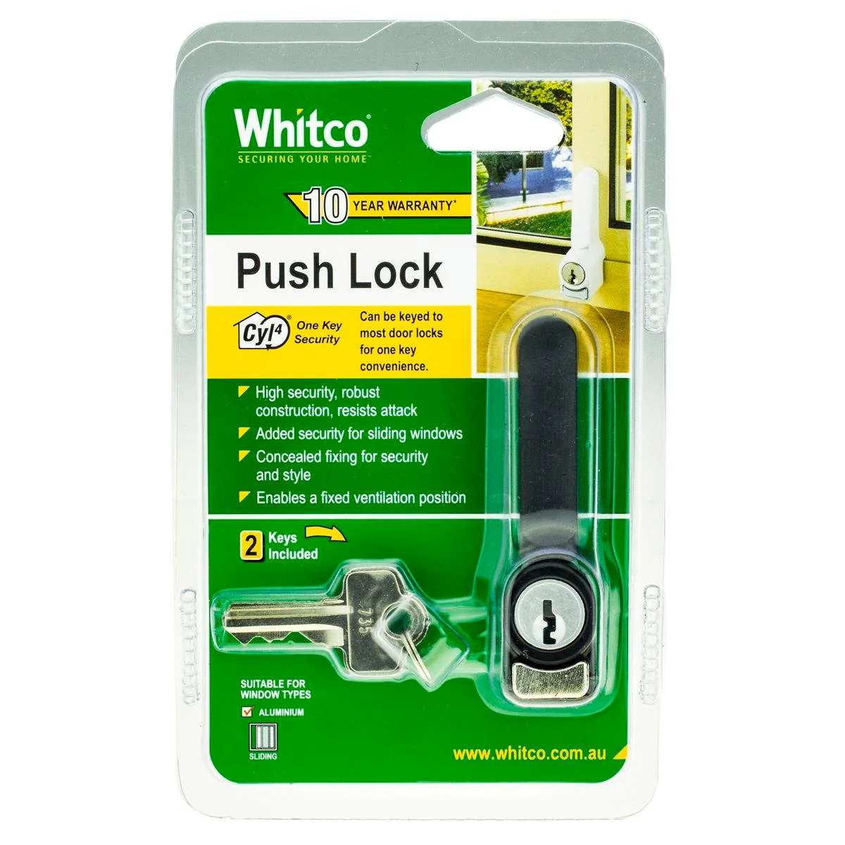 Whitco Sliding Window Push Lock - Black - High Security - 13mm x 81mm x 37mm