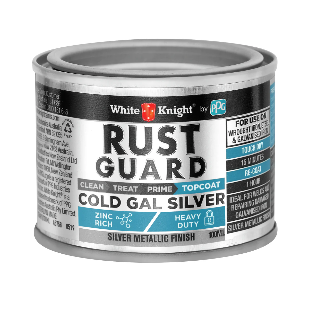 White Knight Rust Guard 100ml Cold Gal Silver Primer Paint - 0.1L - Silver - Rust Protection