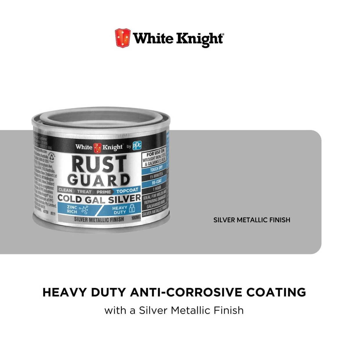 White Knight Rust Guard 100ml Cold Gal Silver Primer Paint - 0.1L - Silver - Rust Protection - Image 4