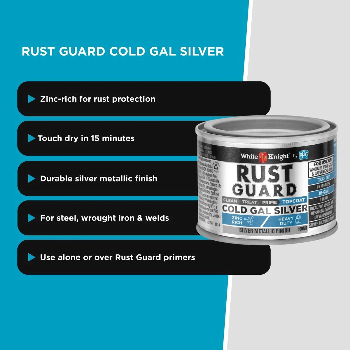 White Knight Rust Guard 100ml Cold Gal Silver Primer Paint - 0.1L - Silver - Rust Protection - Image 5