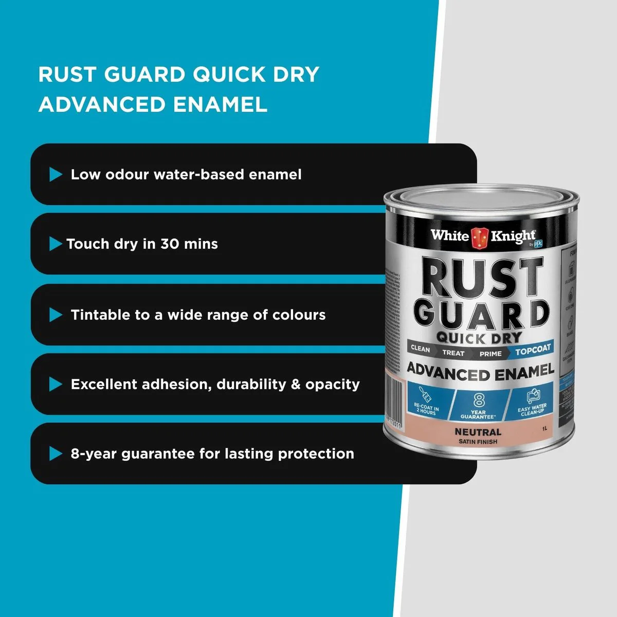 White Knight Rust Guard 1L Advanced Enamel Paint - Neutral Satin - Quick Dry - Image 5