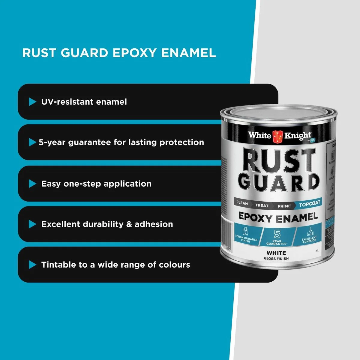 White Knight Rust Guard 1L Epoxy Enamel Paint - White Gloss - UV-Resistant - Image 3