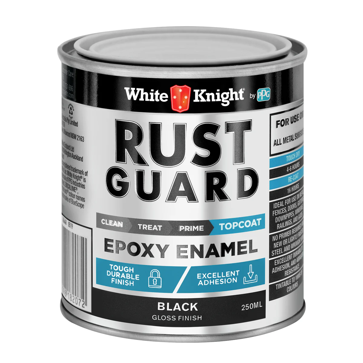 White Knight Rust Guard 250ml Black Gloss Epoxy Enamel Paint - UV-Resistant, Durable Coating