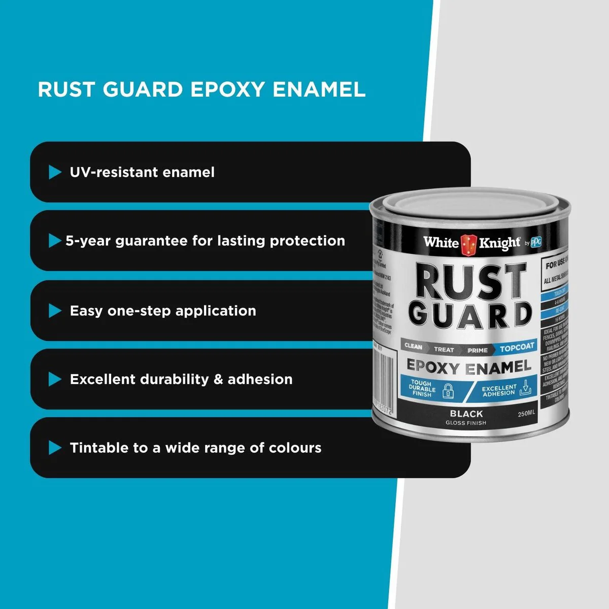 White Knight Rust Guard 250ml Black Gloss Epoxy Enamel Paint - UV-Resistant, Durable Coating - Image 5