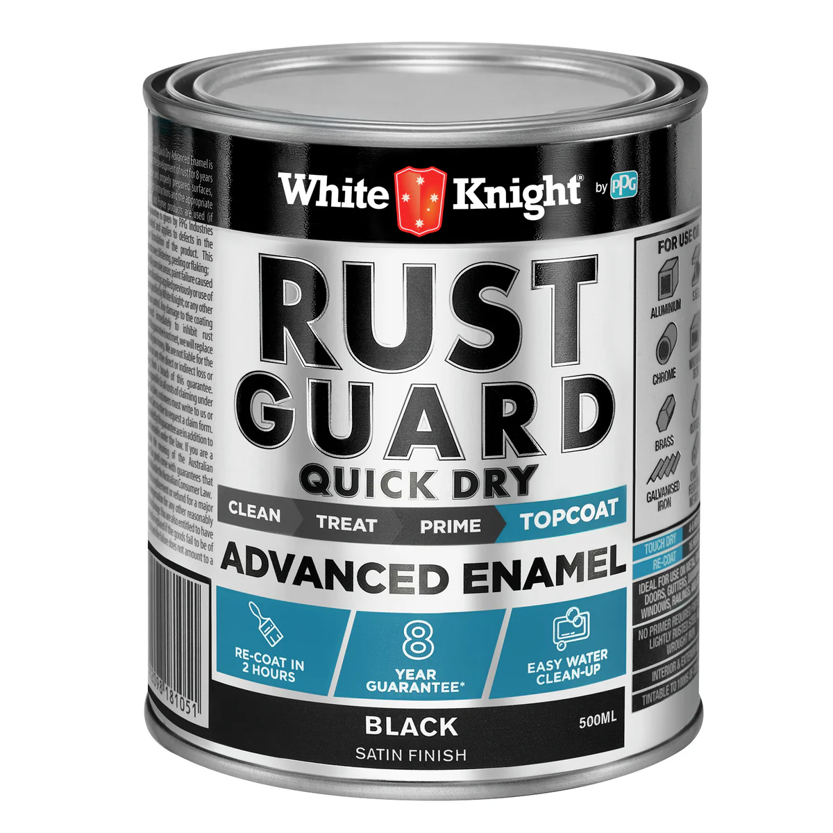 White Knight Rust Guard Advanced Enamel Paint - 500ml - Black Satin - Quick Dry - 16m² Coverage