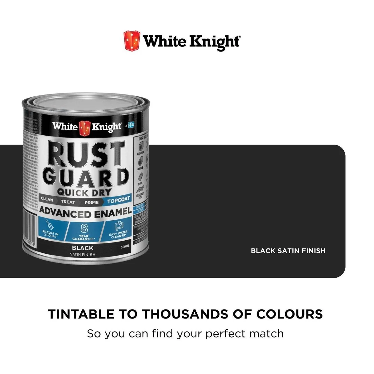 White Knight Rust Guard Advanced Enamel Paint - 500ml - Black Satin - Quick Dry - 16m² Coverage - Image 4