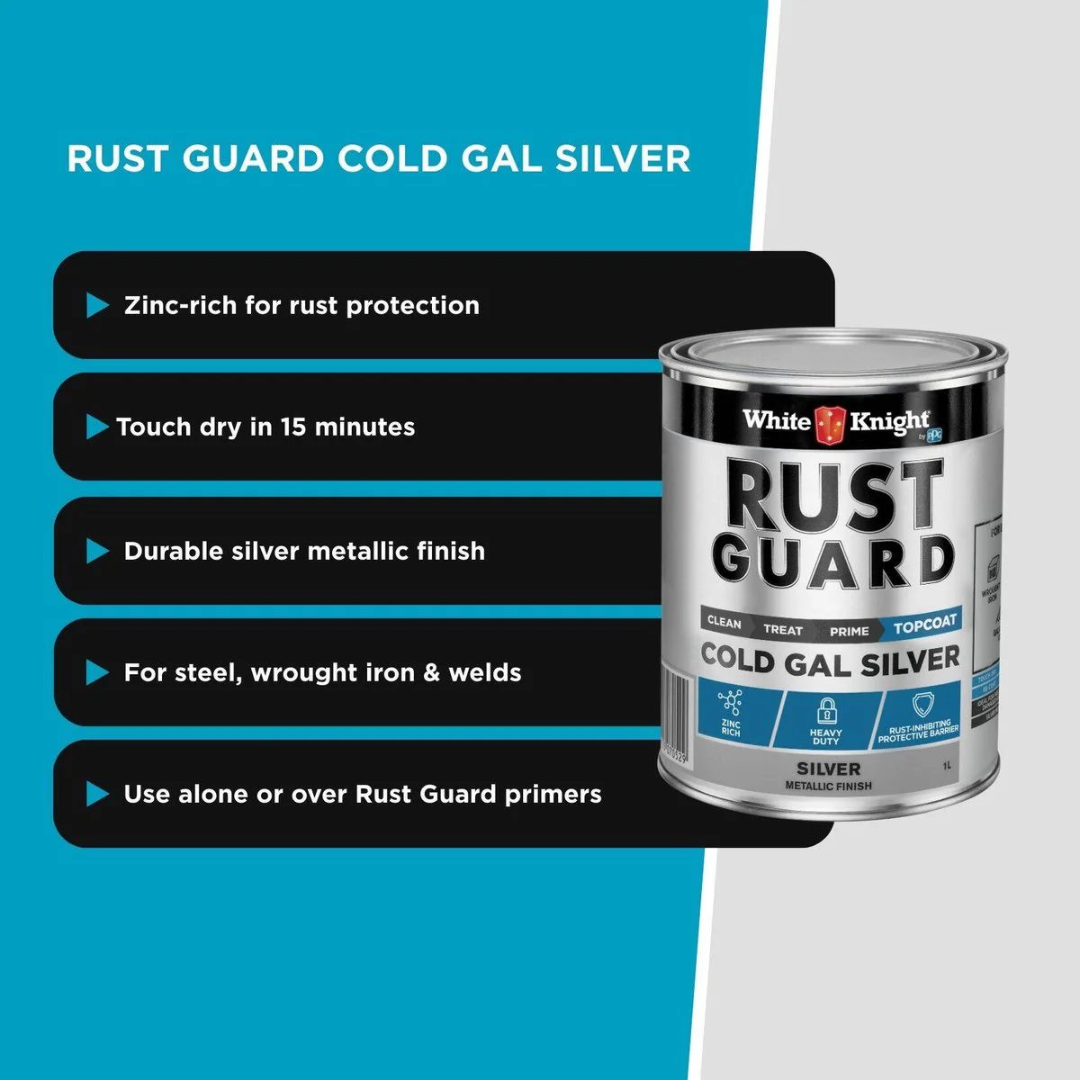 White Knight Rust Guard Cold Gal Silver Primer Paint 1L - Zinc-Rich Coating - Fast Drying - Image 5