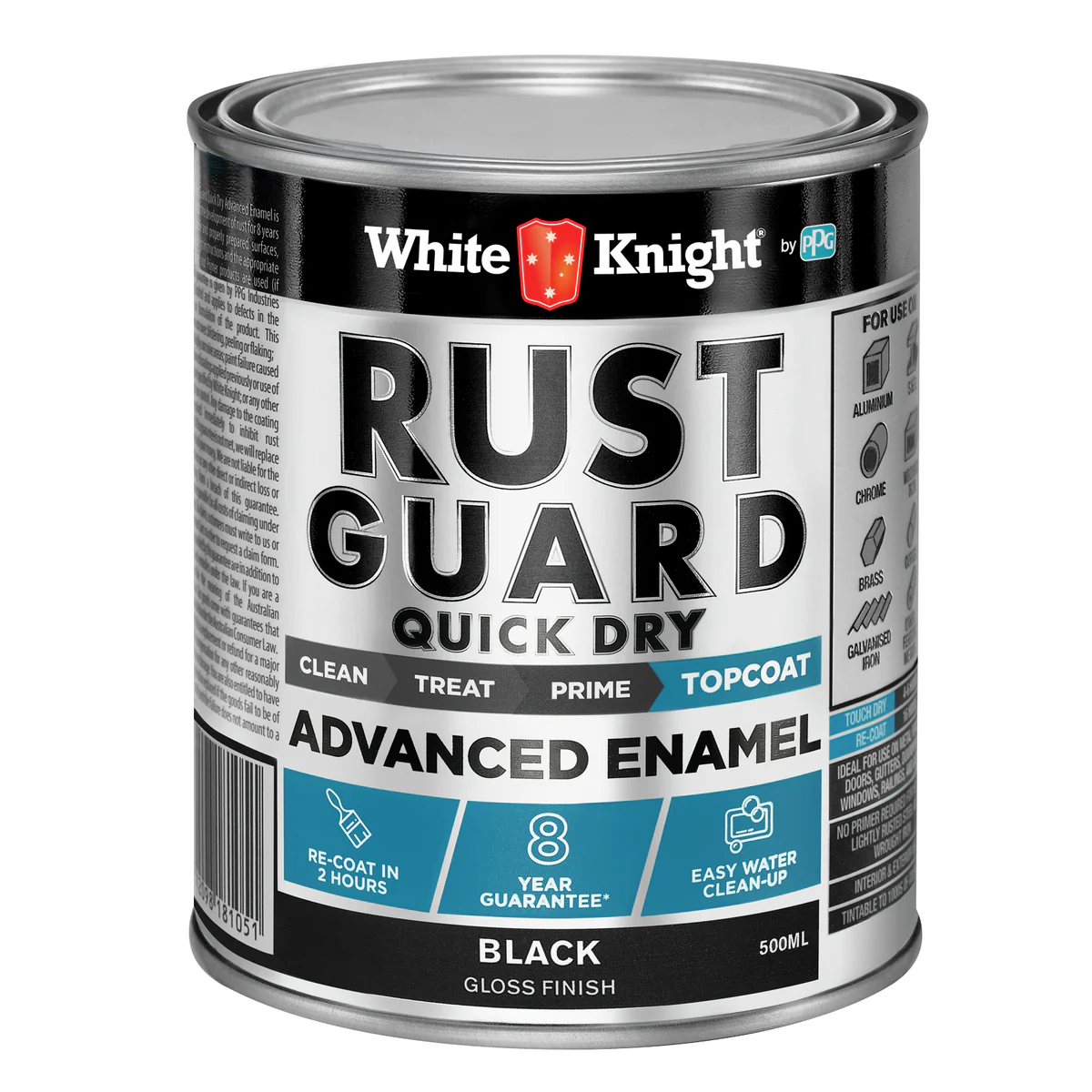 White Knight Rust Guard Enamel Paint - 500ml - Black Gloss - Quick Dry