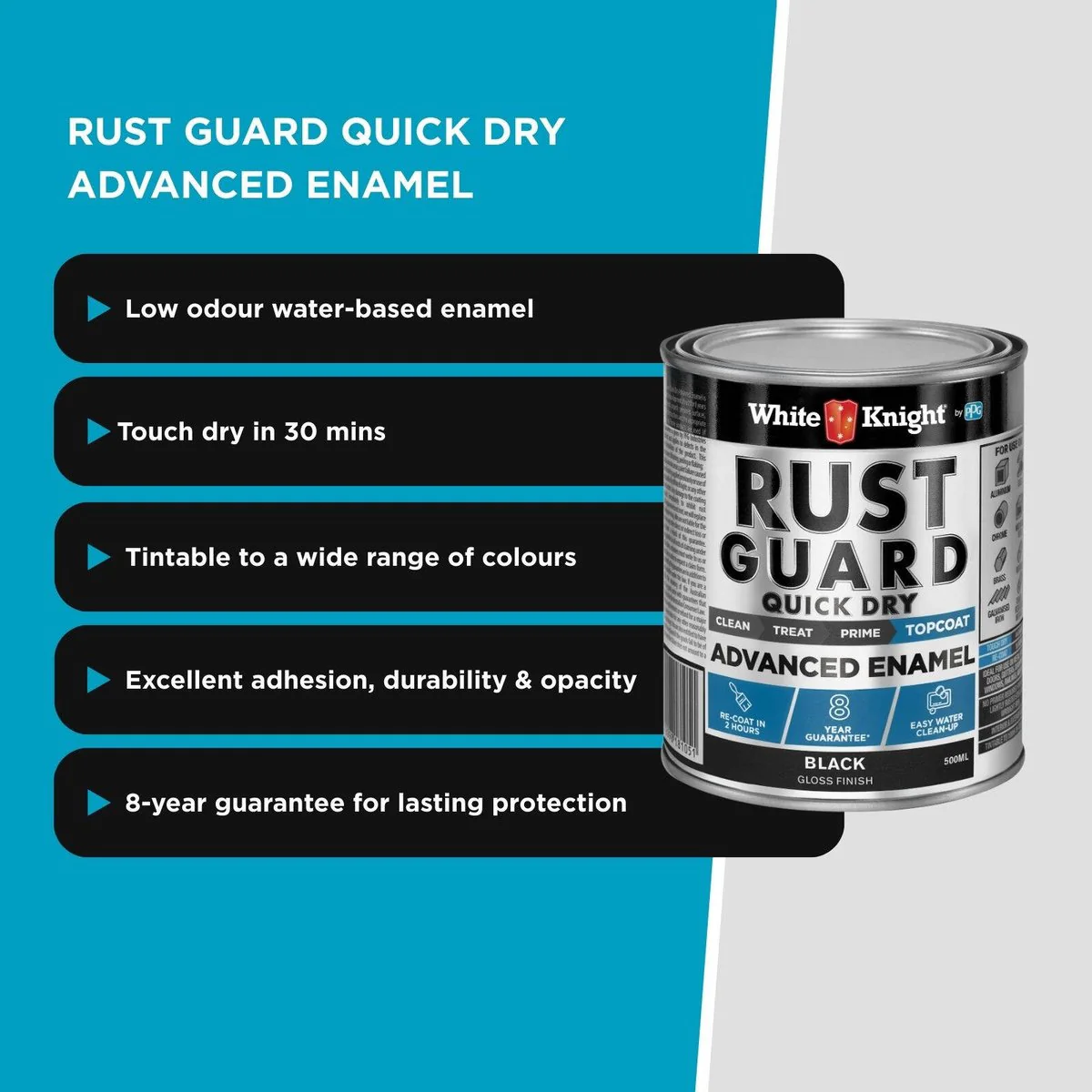 White Knight Rust Guard Enamel Paint - 500ml - Black Gloss - Quick Dry - Image 5