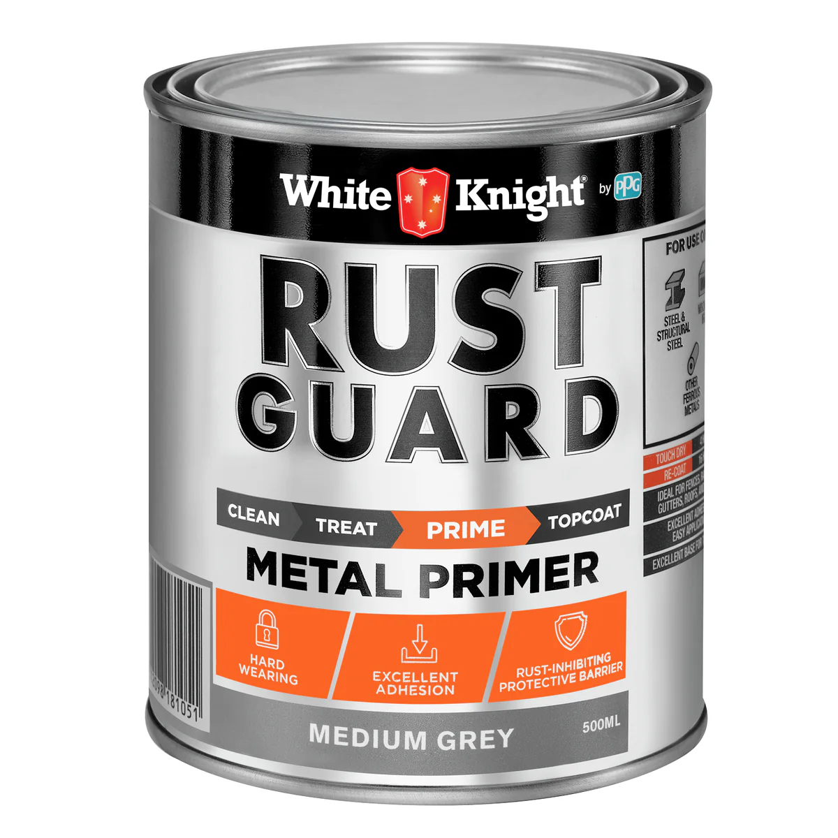 White Knight Rust Guard Metal Primer Paint 0.5L - Medium Grey - Rust Protection