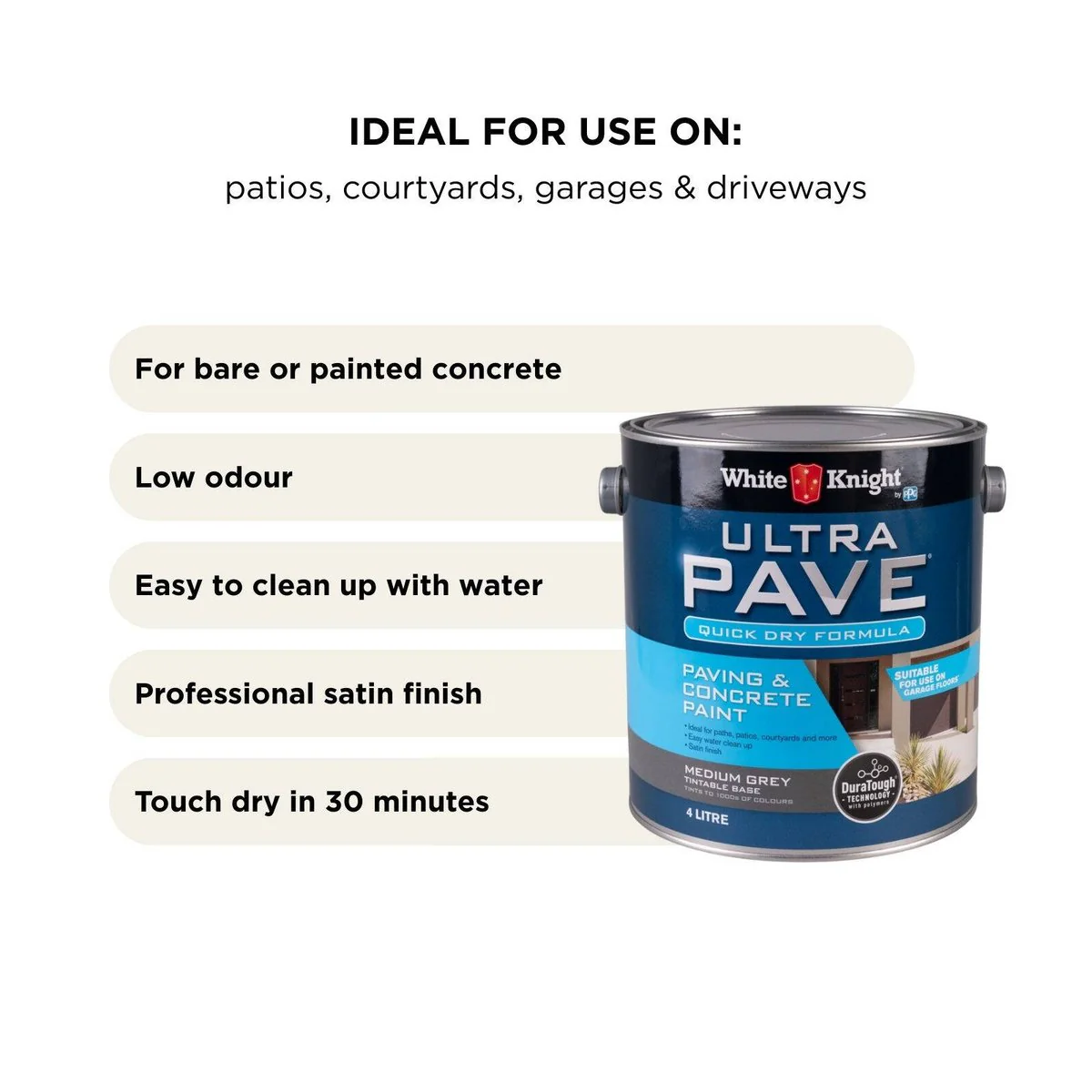 White Knight Ultra Pave 4L Quick Dry Concrete Paint - Medium Grey - Durable Satin Finish - Image 4