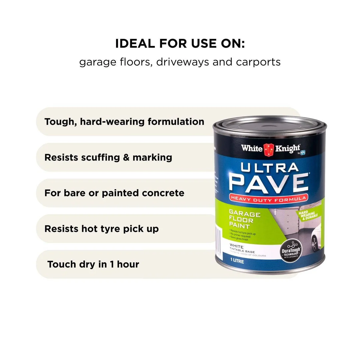 White Knight Ultra Pave Garage Floor Paint - 1L - White - Heavy Duty - DuraTough Technology - Oil & Grease Resistant - Image 4
