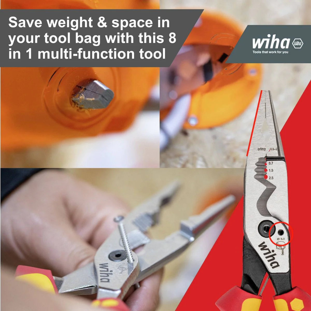 Wiha 8 in 1 Multi Function Pliers - 209mm - Steel - Ergonomic Design - Image 2