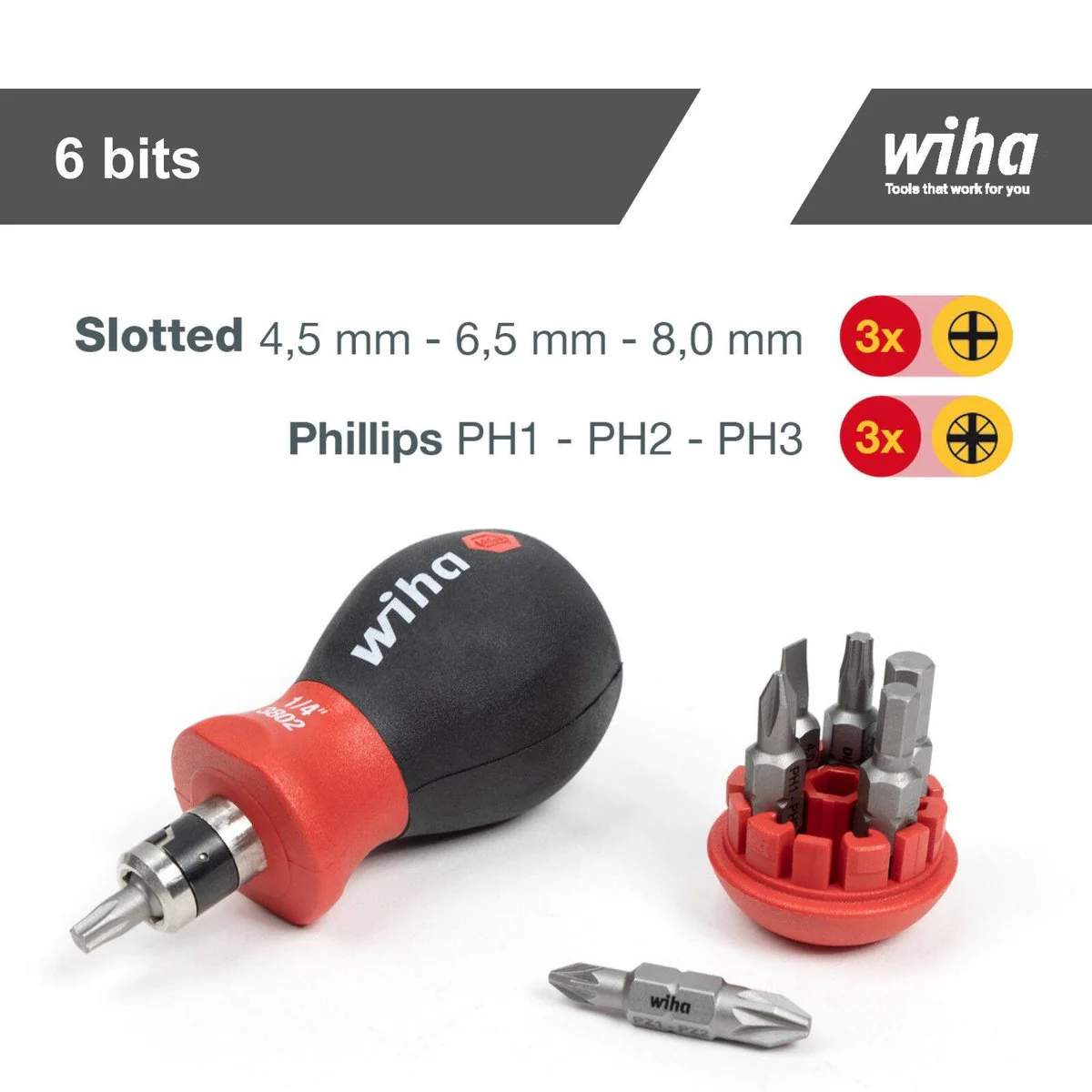 Wiha 6 Bits Screwdriver Stubby Bit Holder - 6.5cm - Multi/Assorted - Image 2
