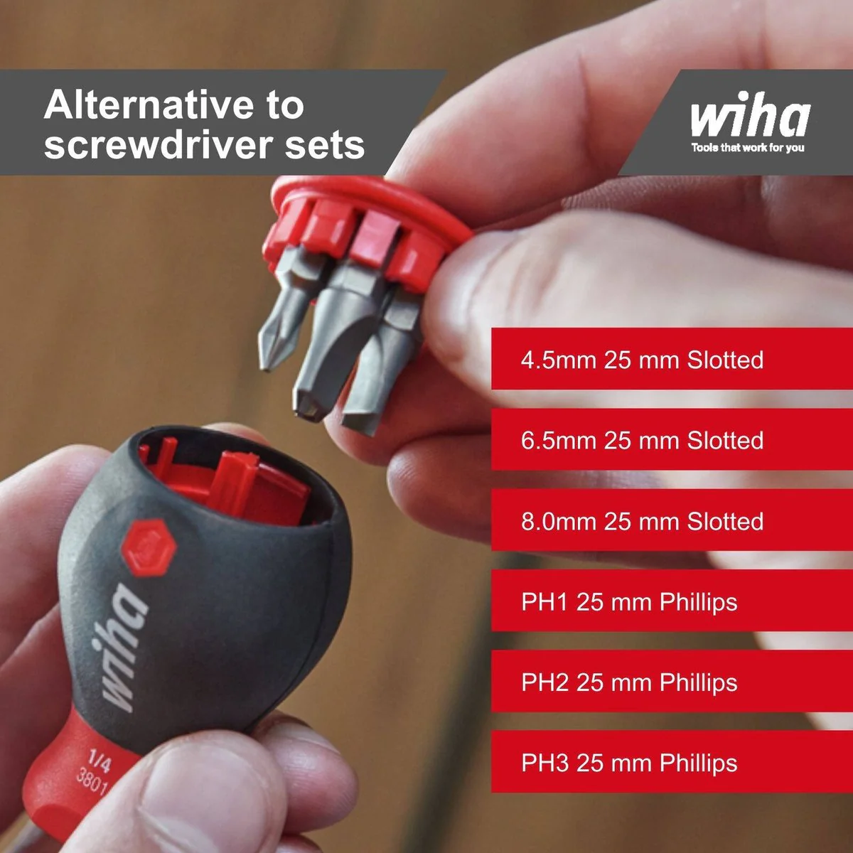 Wiha 6 Bits Screwdriver Stubby Bit Holder - 6.5cm - Multi/Assorted - Image 4