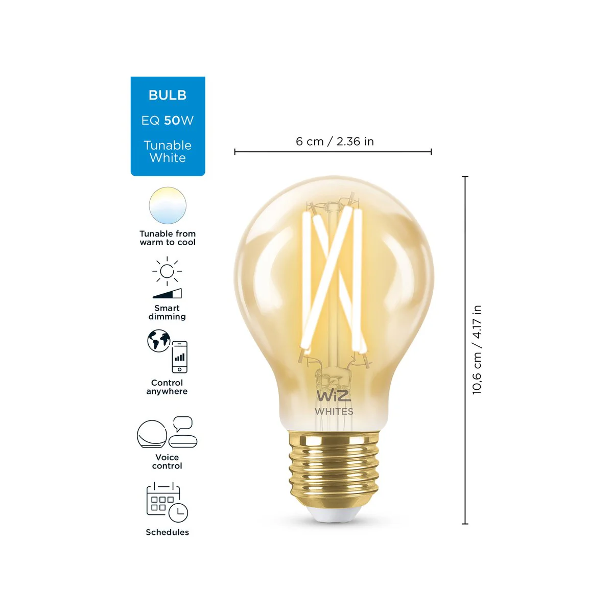 Wiz A60 E27 LED Smart Filament Globe - 7W 640lm - Tuneable White - Amber - Image 3