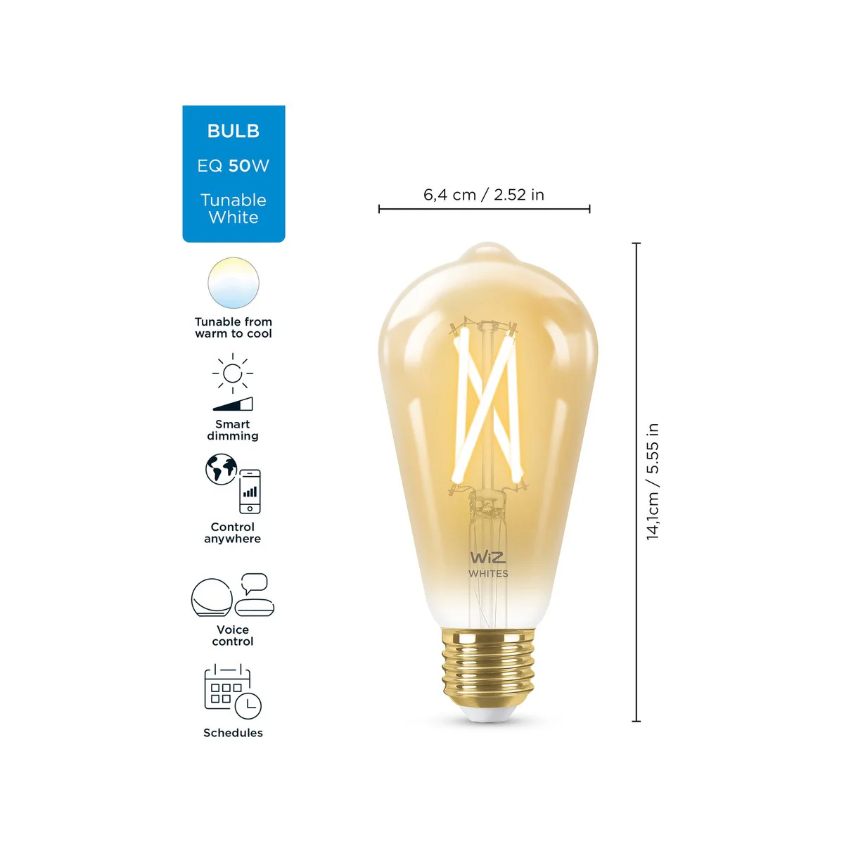 Wiz ST64 E27 LED 640lm Tuneable White 7W Smart Filament Globe - Smart Control, Dimmable - Image 3