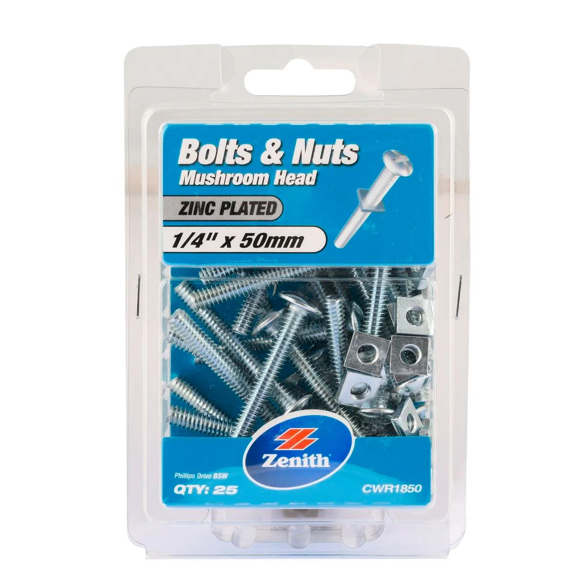 Zenith 1/4 x 50mm Zinc Plated Mushroom Head Bolt and Nut 25 Pack - Silver
