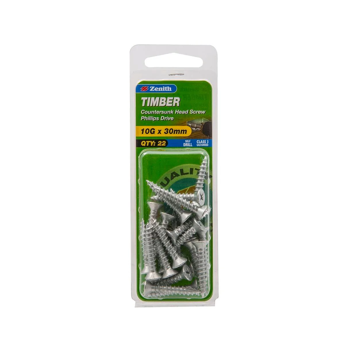 Zenith 10g Galvanised Countersunk Head Timber Screws 22 Pack - 30mm - Self-Drilling