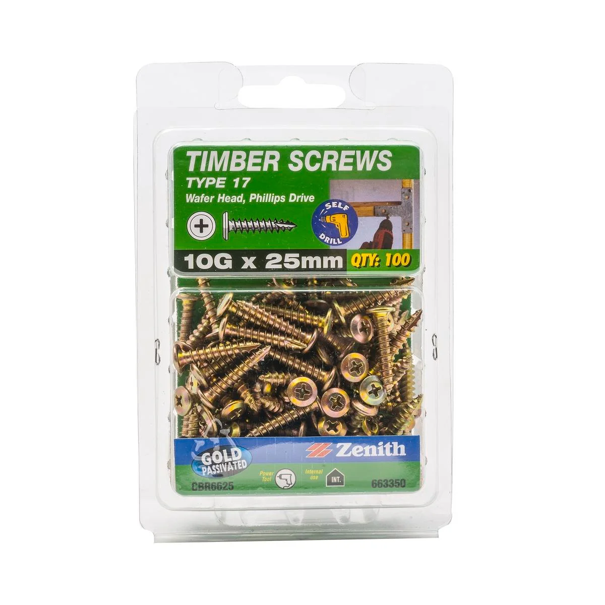 Zenith 10g x 25mm Gold Passivated Type 17 Wafer Head Timber Screws - 100 Pack