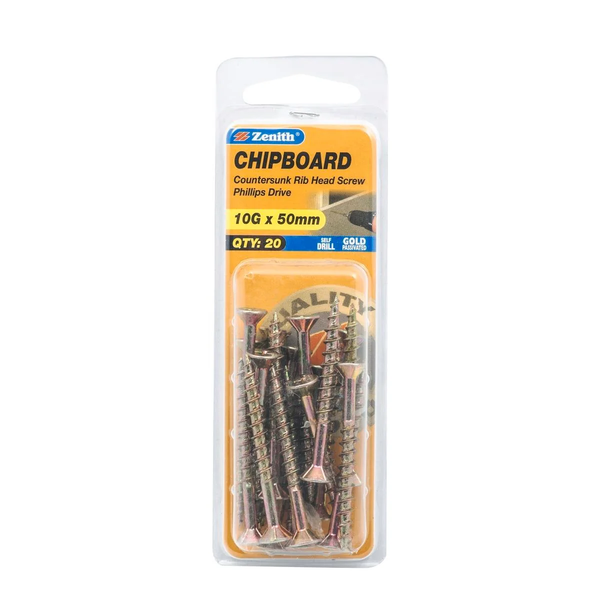 Zenith 10g x 50mm Countersunk Rib Head Chipboard Screws - 20 Pack - Gold - Self-Drilling