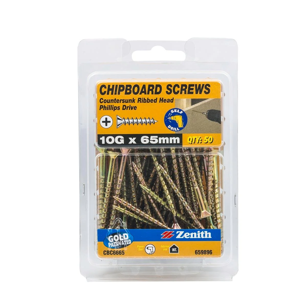 Zenith 10g x 65mm Gold Passivated Chipboard Screws - 50 Pack - Ribbed Head - Coarse Thread